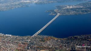 Aerial view of I-90 bridge crossing Lake Washington