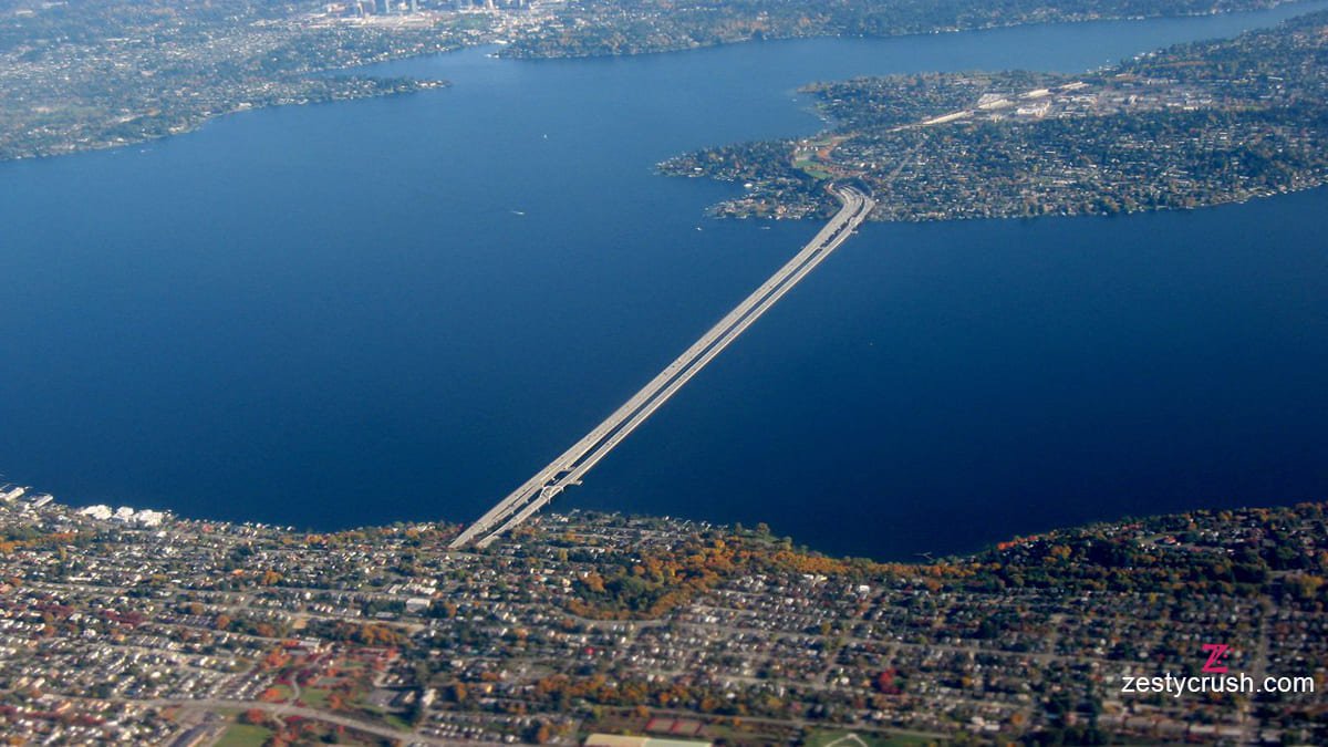 Aerial view of I-90 bridge crossing Lake Washington