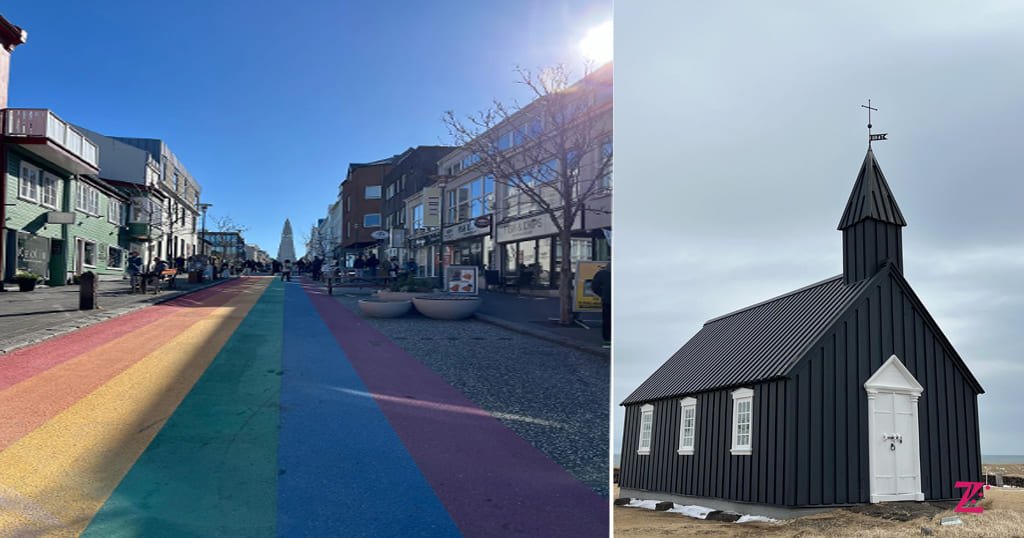 Rainbow road in front of church