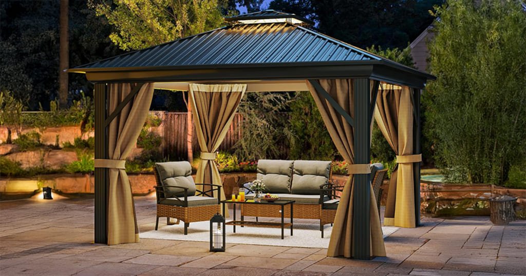 Gazebo with curtains and netting